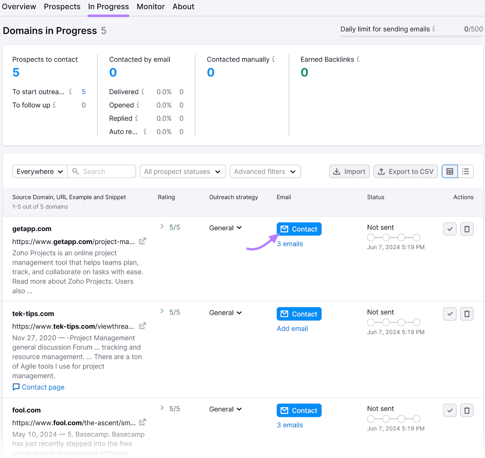 Link Building Tool "In Progress" dashboard showing domains in progress with statuses, contact options, and outreach details.