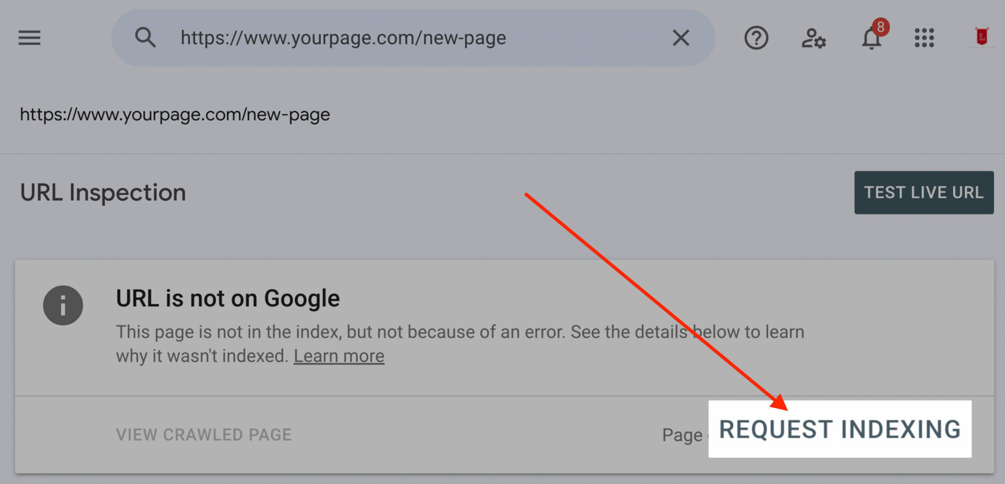 "Request Indexing" button highlighted in Google Search Console