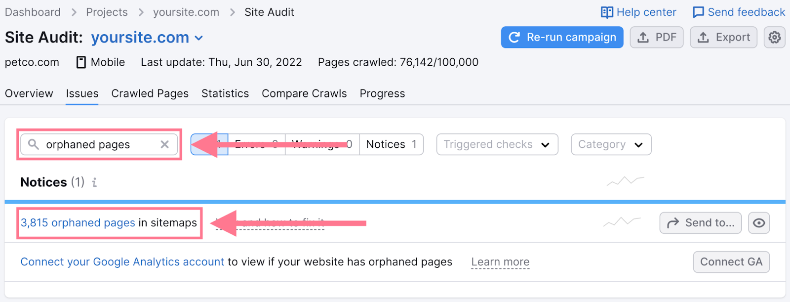 Orphaned pages errors highlighted in the "Issues" tab of the Site Audit tool