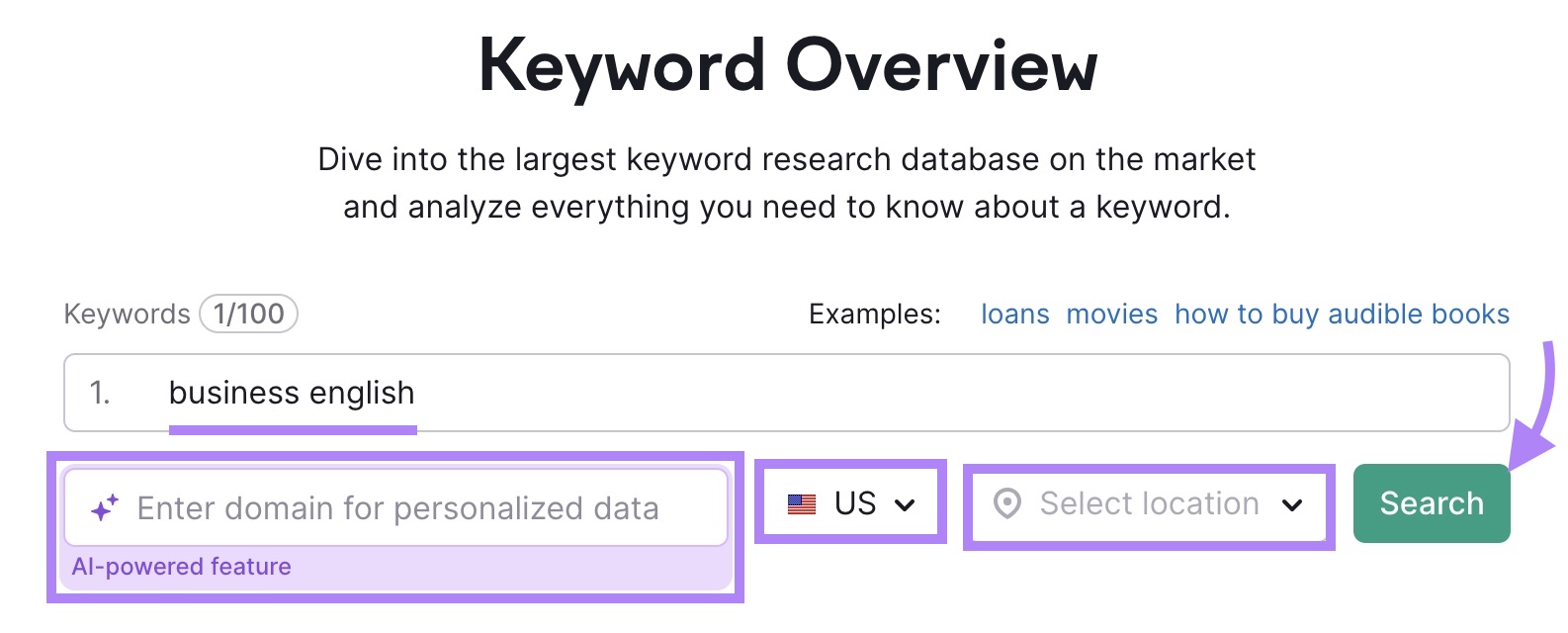 Keyword Overview tool start with "business english" entered as the term and "Search" clicked