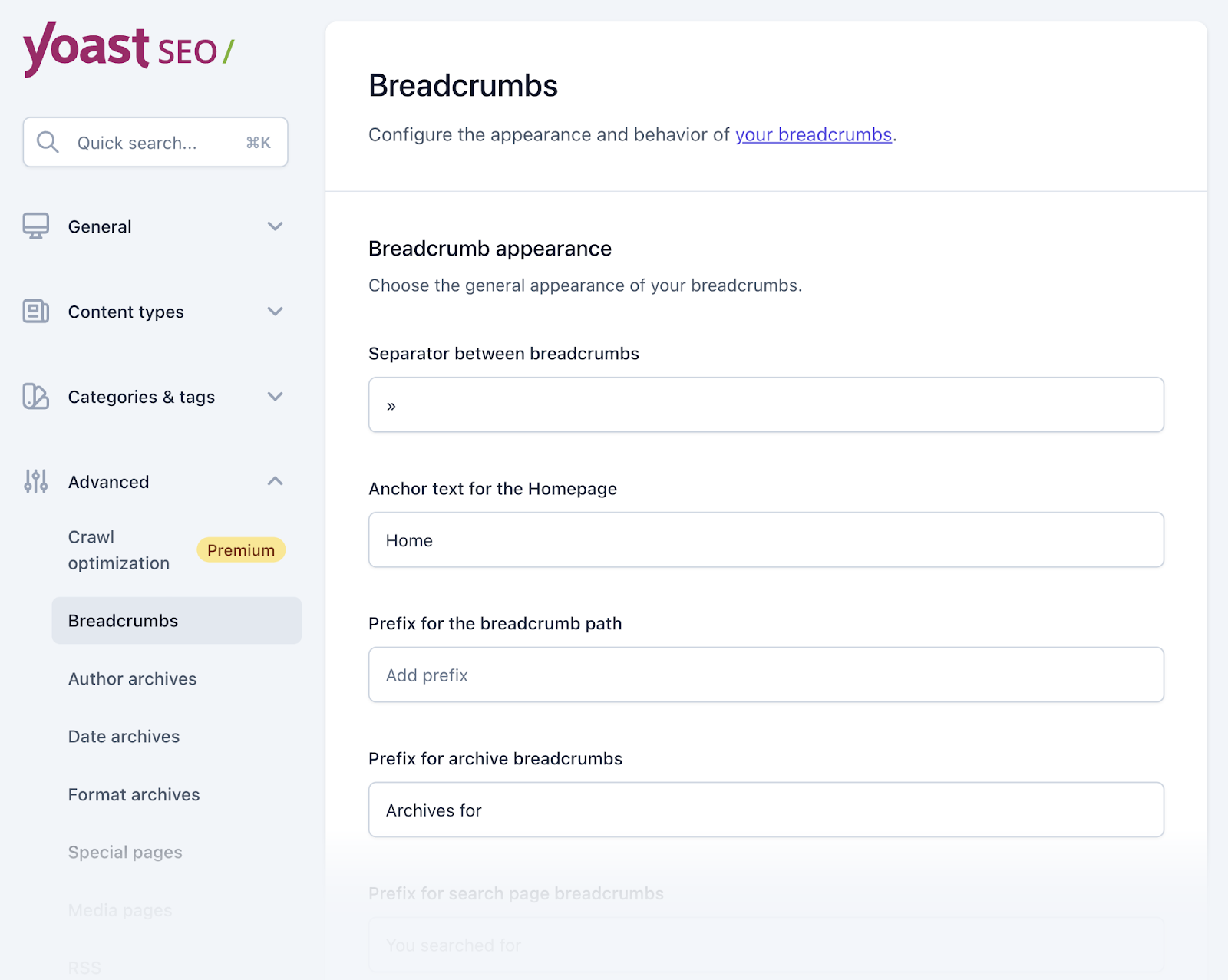 "Breadcrumbs" form in Yoast SEO