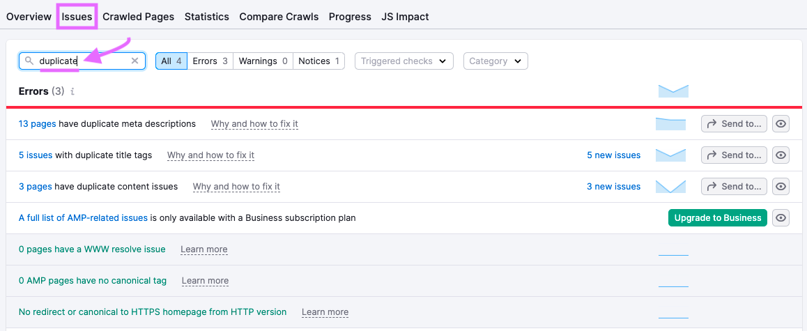 Searching for "duplicate" under "Issues" tab in Site Audit