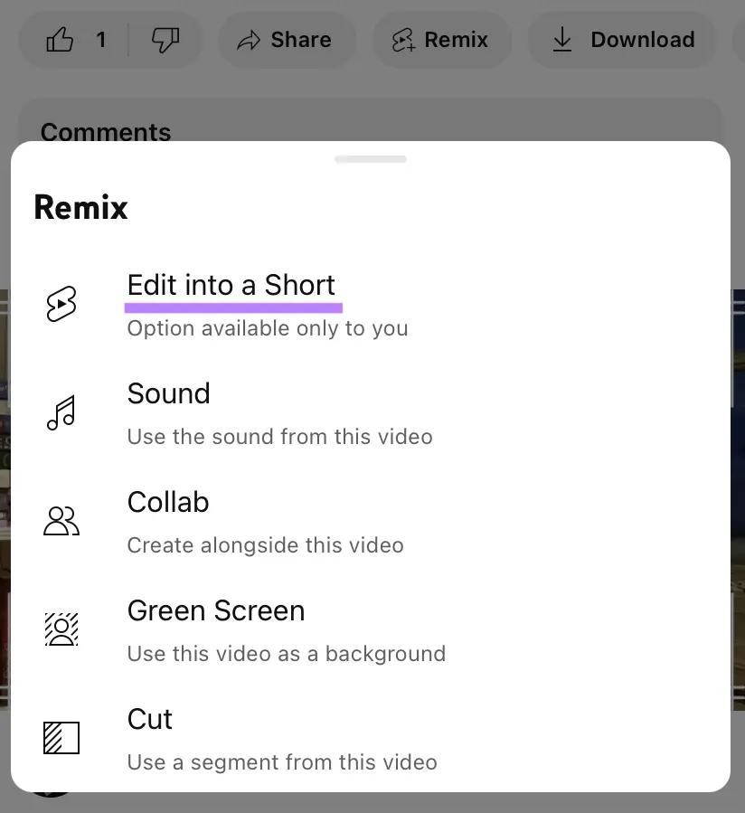 Edit into a Short option highlighted