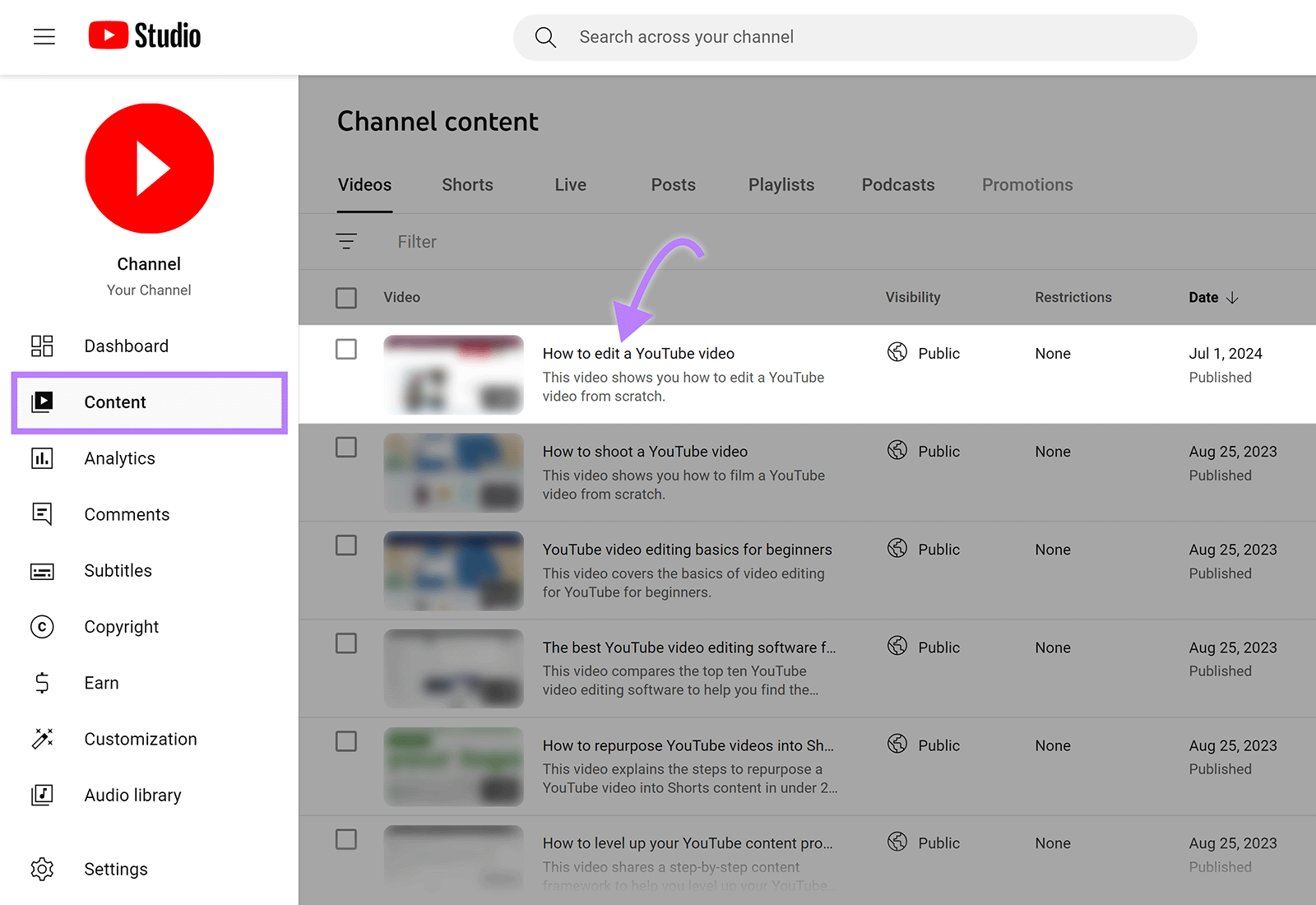YouTube Studio dashboard with Content page opened and arrow pointing to top video