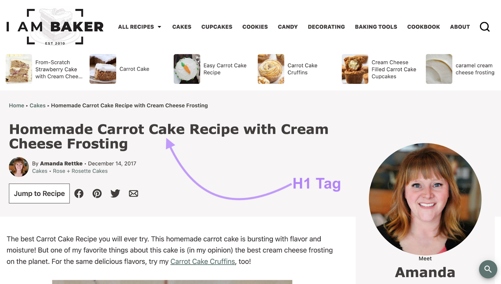 h1 tag says "homemade carrot cake recipe with cream cheese frosting"