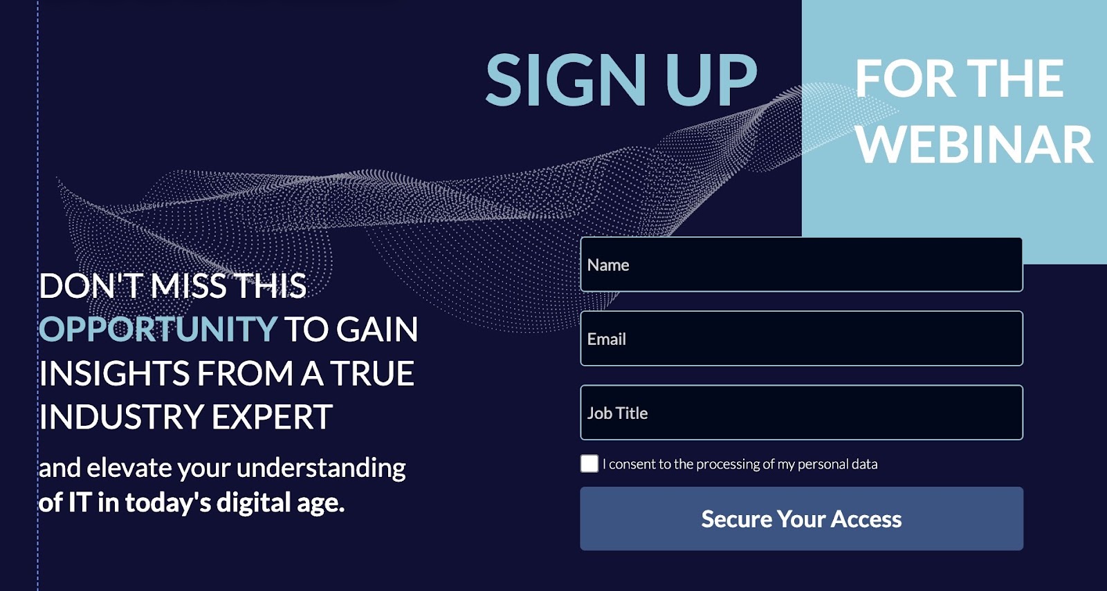Signup section on a landing page template with input boxes for name, email, job title and a "Secure Your Access" button