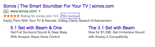 "764 reviews" highlighted in the Sonos's ad rating extension