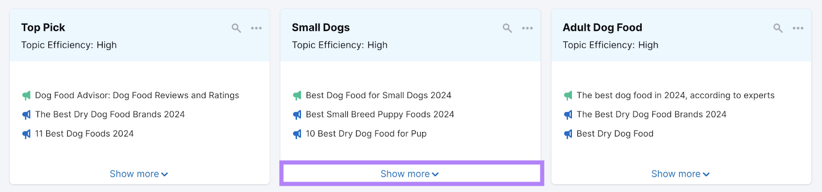 small dogs topic card with show more button highlighted
