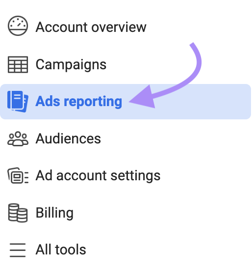 “Ads reporting" selected from Facebook Ads Manager sidebar