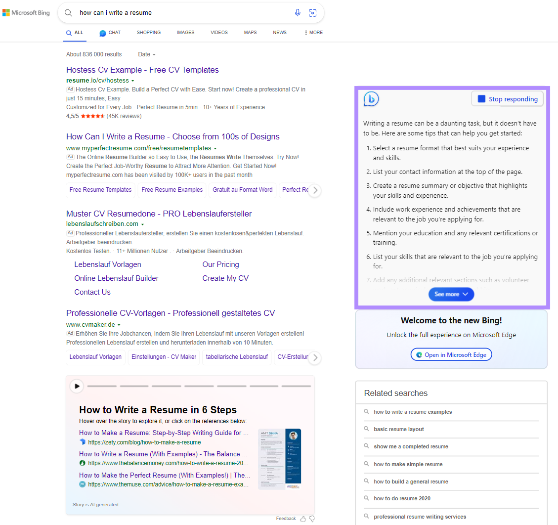 Bing answering to a “How can I write a resume?” query