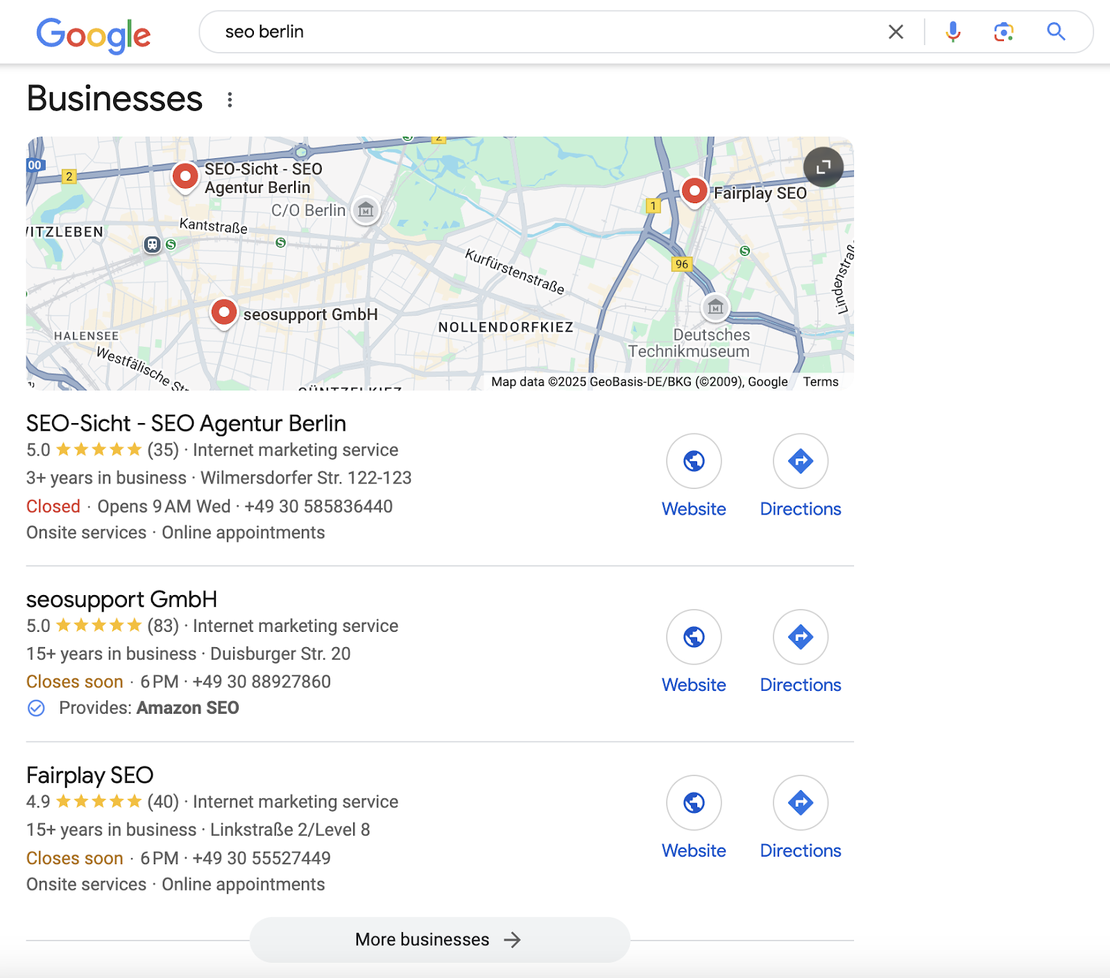 Local pack on the SERP includes a few businesses and a brief overview of their Google Business Profile.