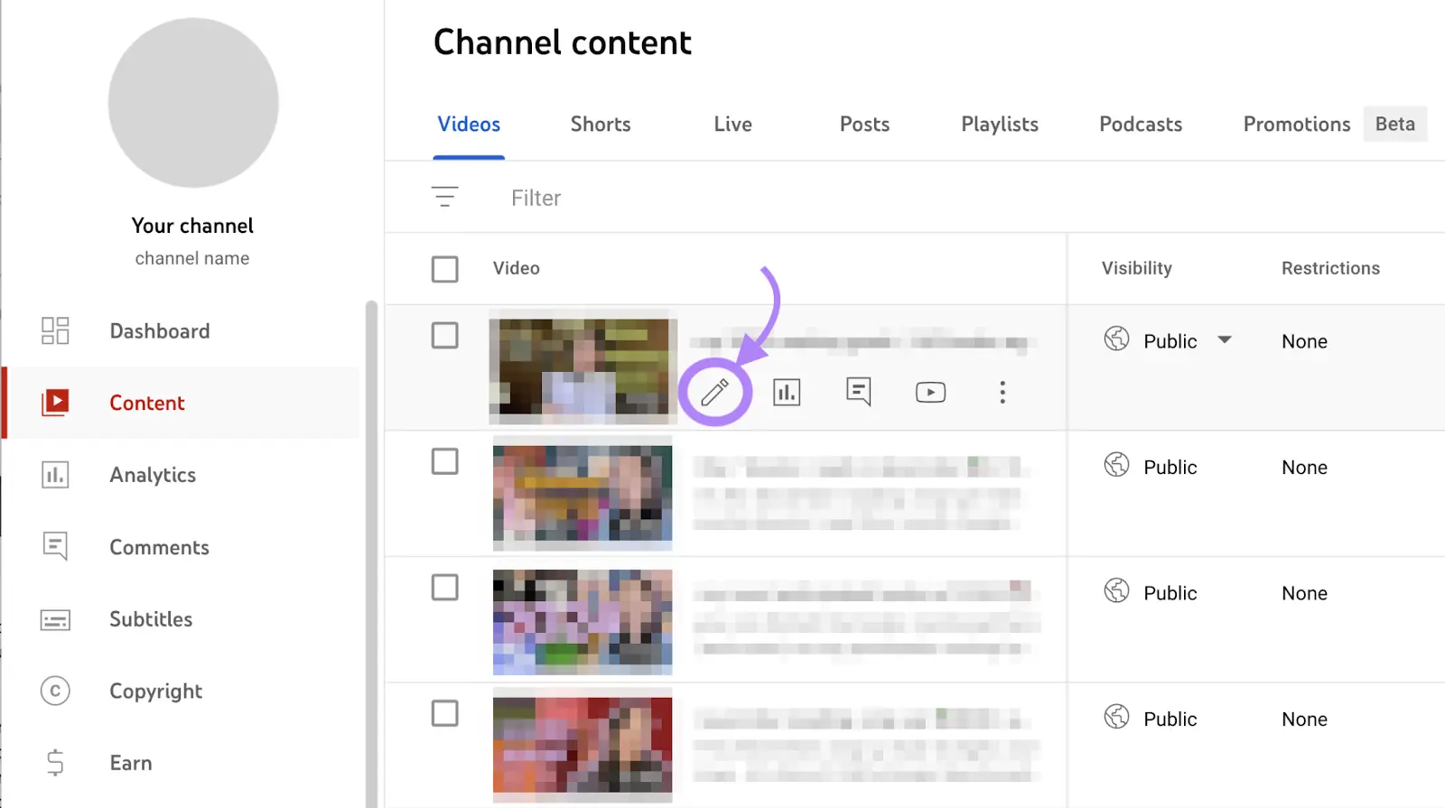 YouTube Studio dashboard with Content page opened and arrow to Edit button of YouTube video