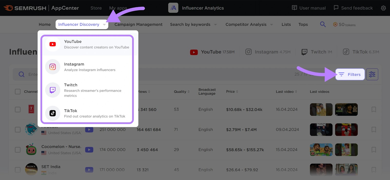 Selecting a social medial platform in Influencer Analytics