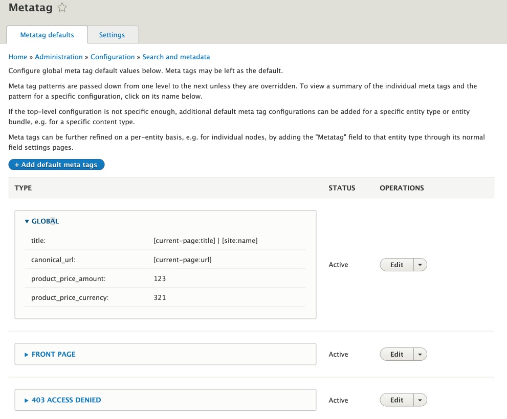 "Metatag defaults" page in Drupal