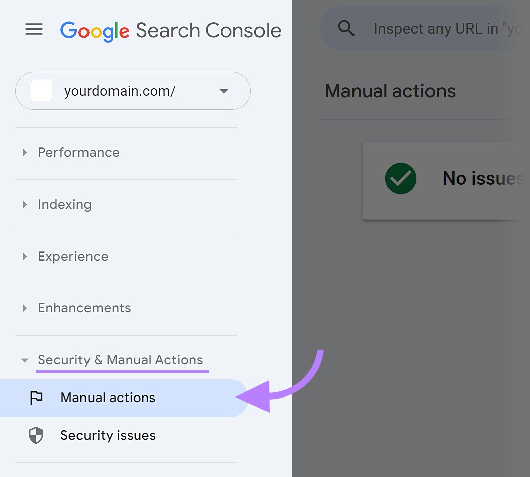 "Manual actions" tab of the Google Search Console tool showing "No issues detected"