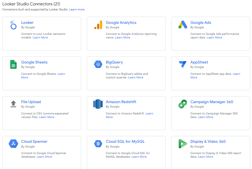 "Looker Studio Connectors (21)" page