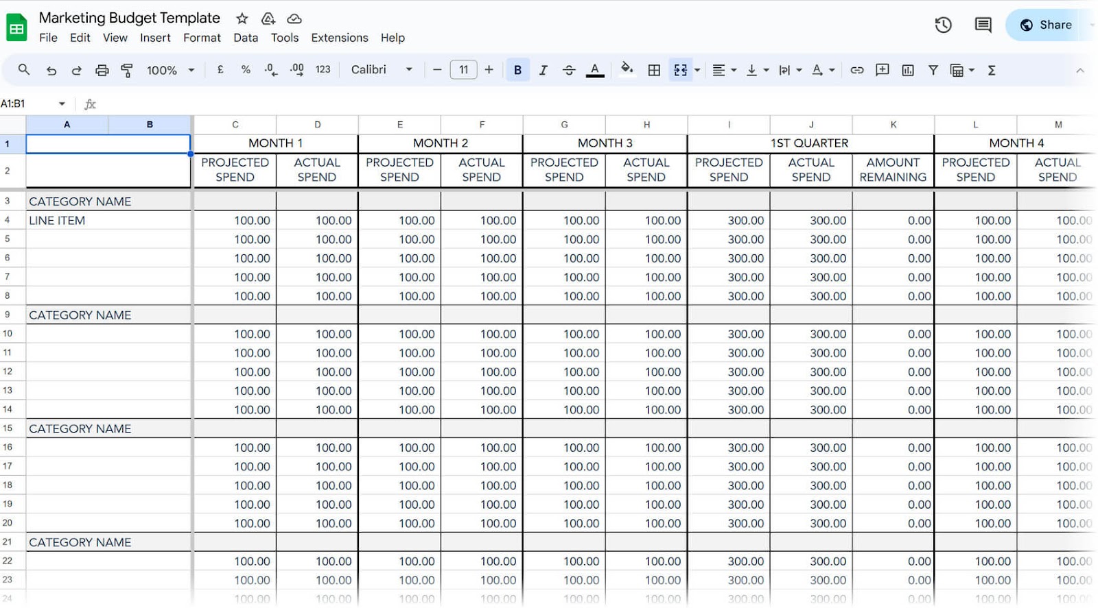 Semrush's free marketing budget template