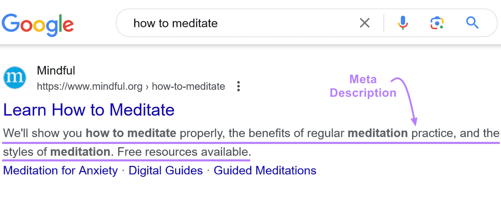 Google search result for "how to meditate" with a purple arrow and a "Meta Description" label.