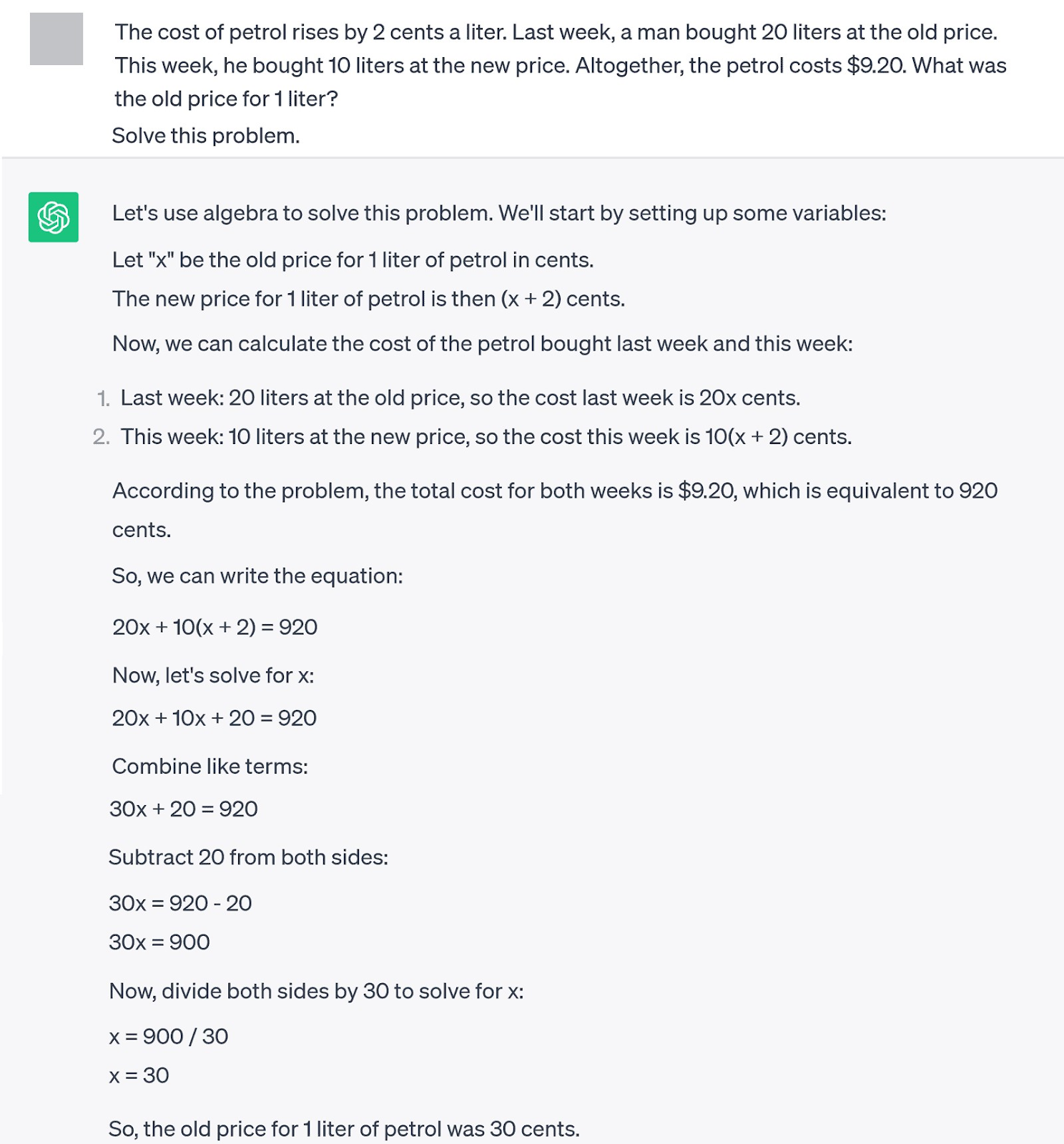 ChatGPT response to math question