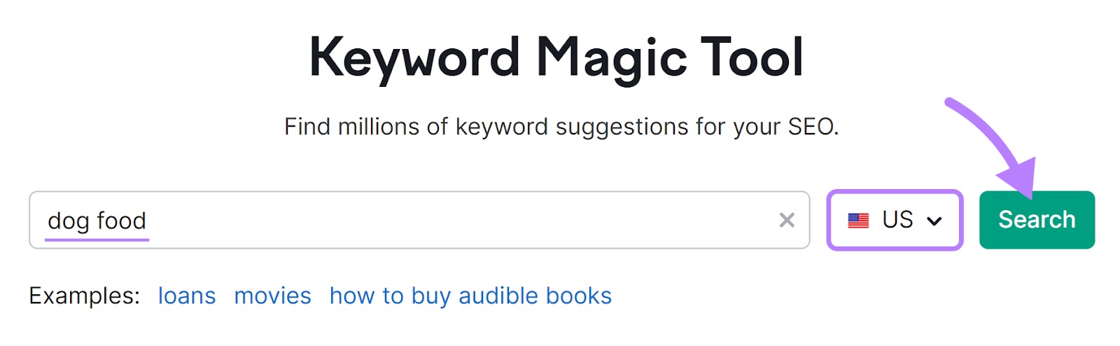 "dog food" entered into the Keyword Magic Tool search bar