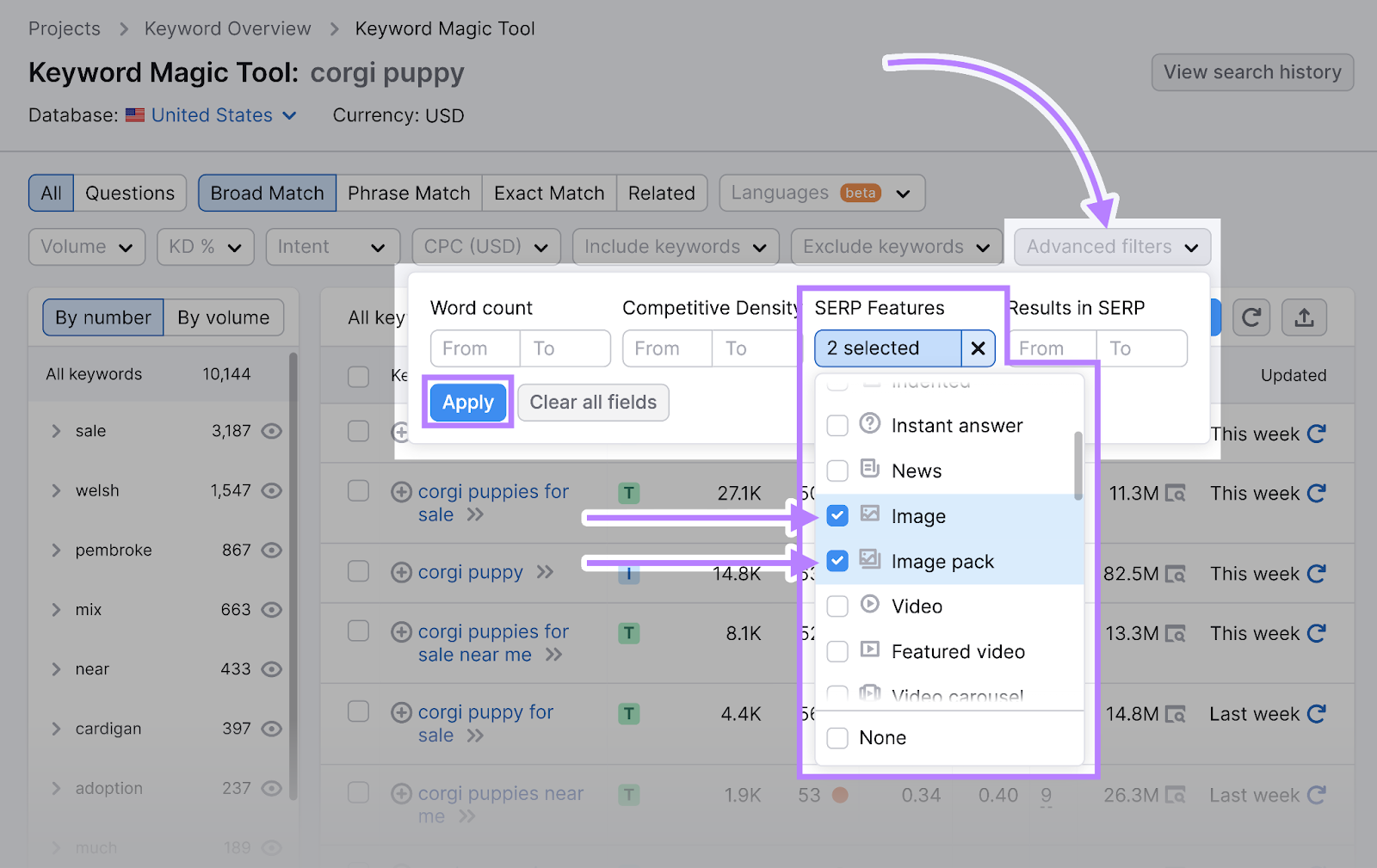 The "Advanced filters" > "SERP Features" dropdown menu in Keyword Magic Tool. The "Image" and "Image pack" check boxes are checked.