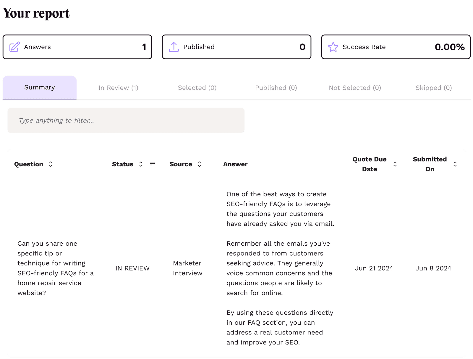 Report interface showing one answer in review and the success rate, with details on an SEO-related question and answer.