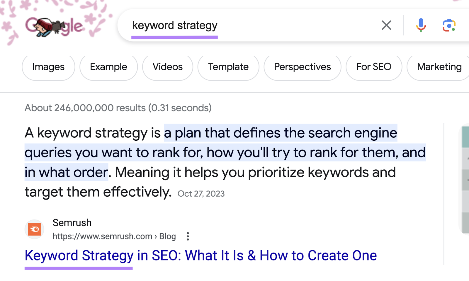 "Keyword strategy" highlighted in Google search and title tag of the first result