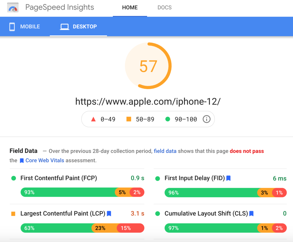 desktop apple iphone landing page speed insights