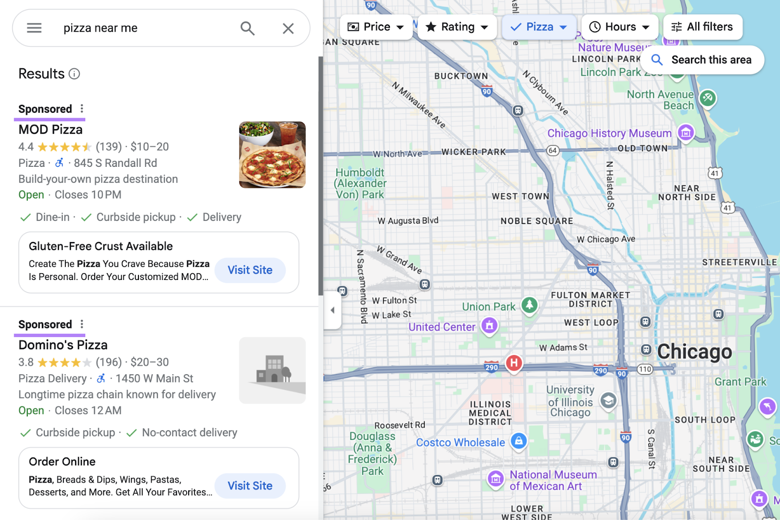 when searching "pizza near me," two sponsored ads appear, one for MOD pizza and one for Domino's, in the Google Maps results