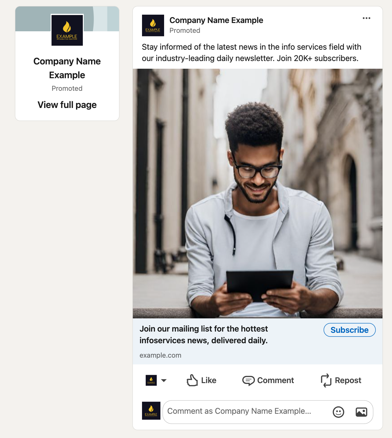 Company Name Example LinkedIn Ad preview with a man reading a tablet alongside newsletter signup text