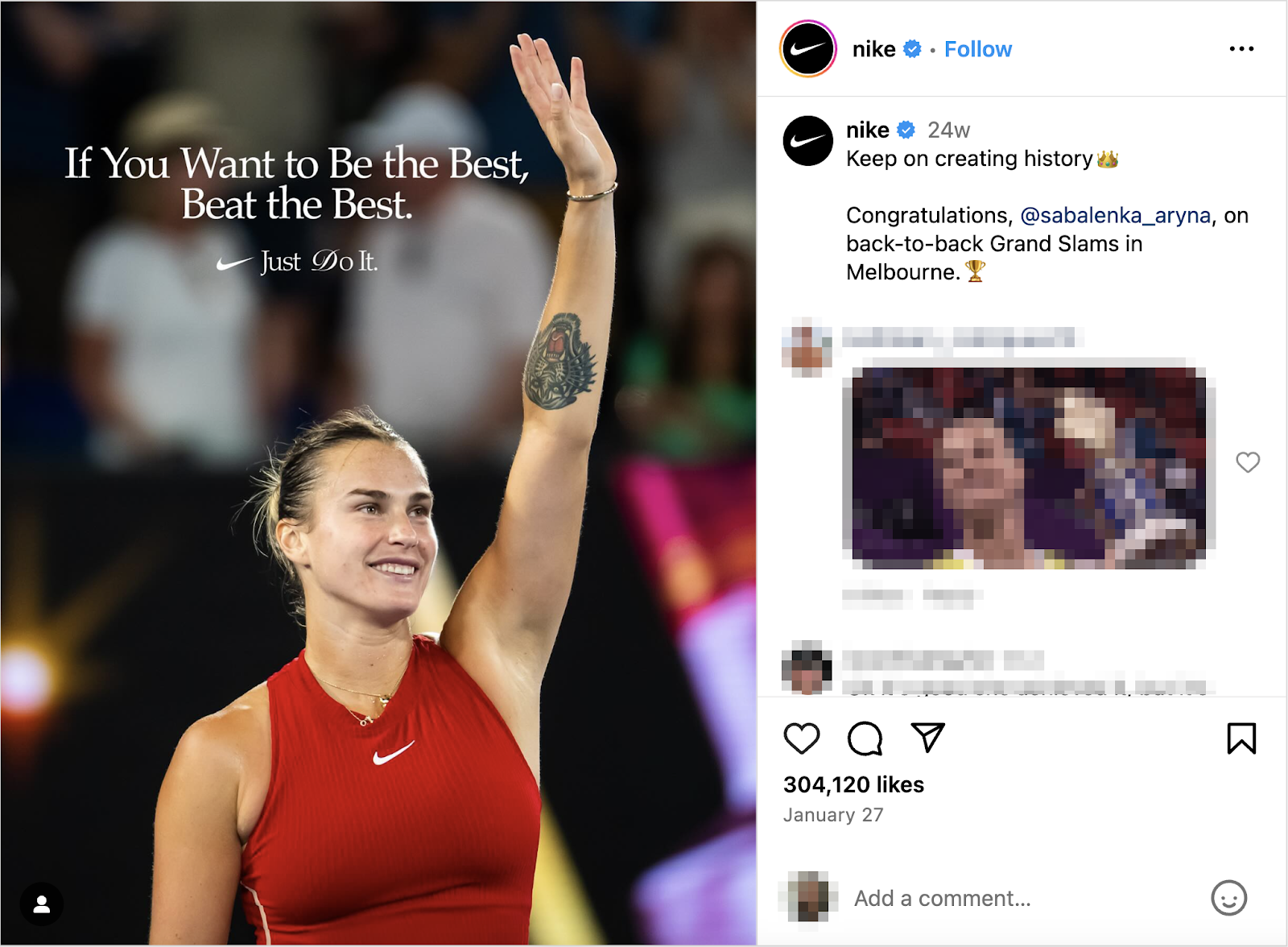 Nike post celebrating Sabalenka's back-to-back Grand Slams