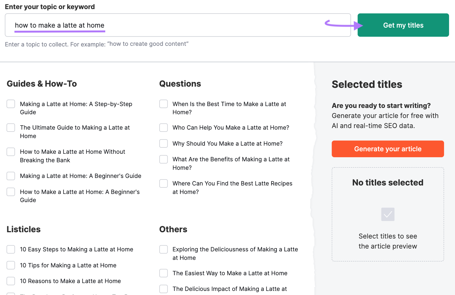 Title ideas for "how to make a latte at home" search in Semrush’s title generator tool