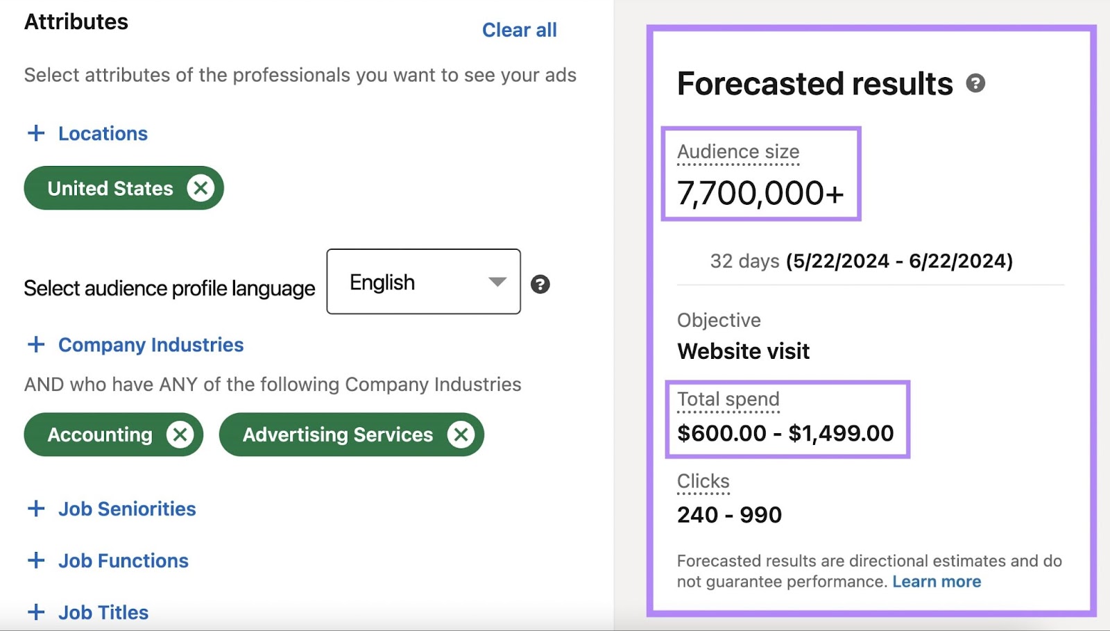 Forecasted results on LinkedIn ads campaign highlighted with accounting and advertising industries selected