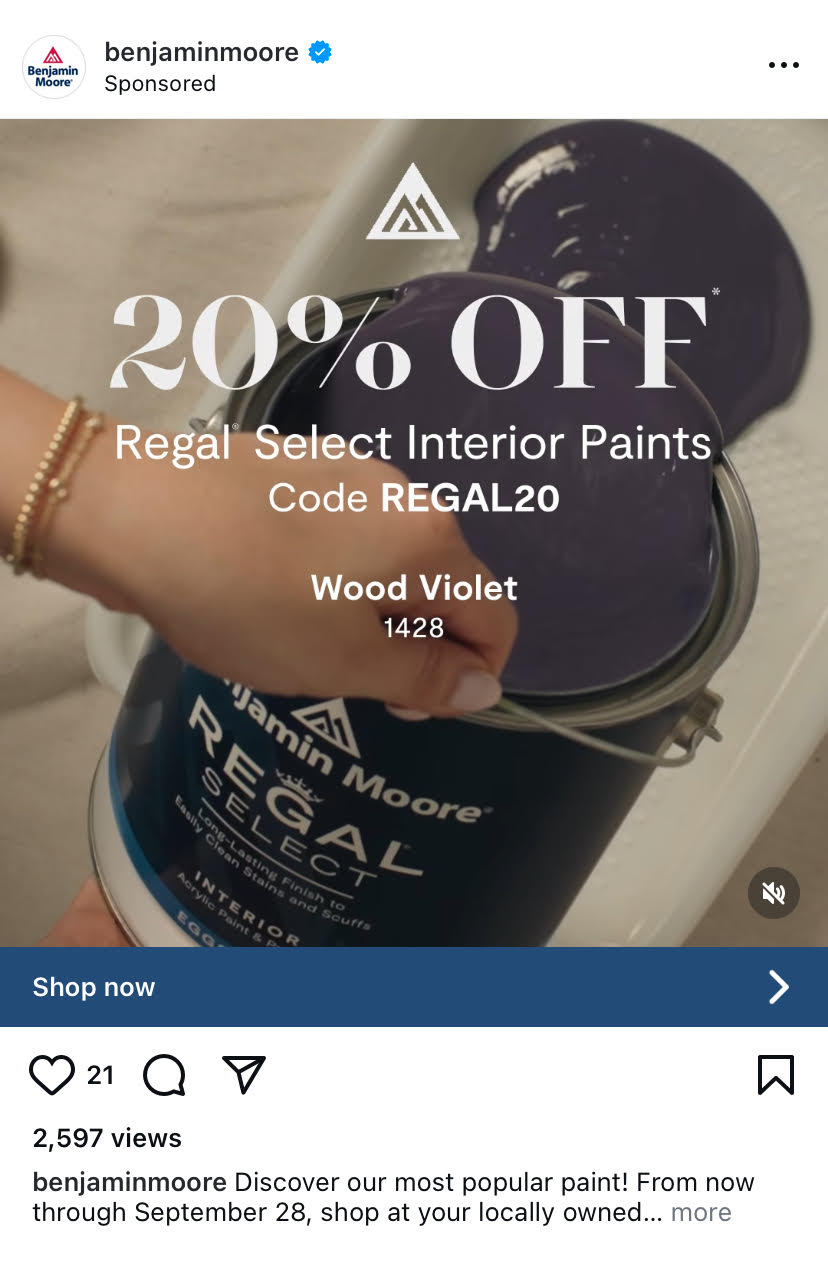 Instagram ad for Benjamin Moore shows person pouring paint into tray with text overlay saying 20% off