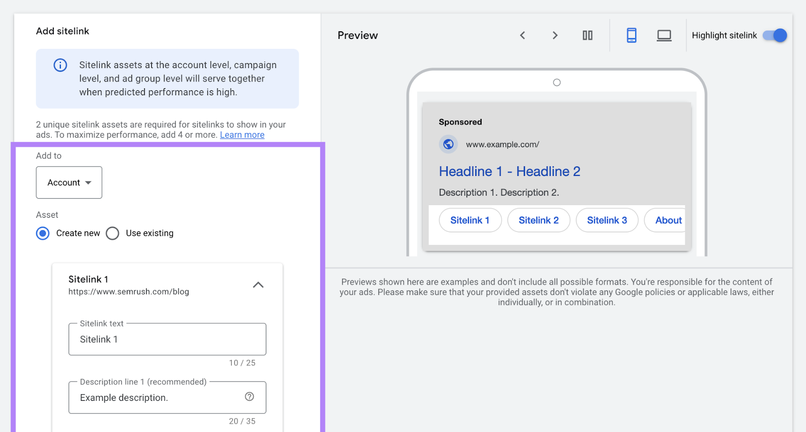 sitelink settings are highlighted