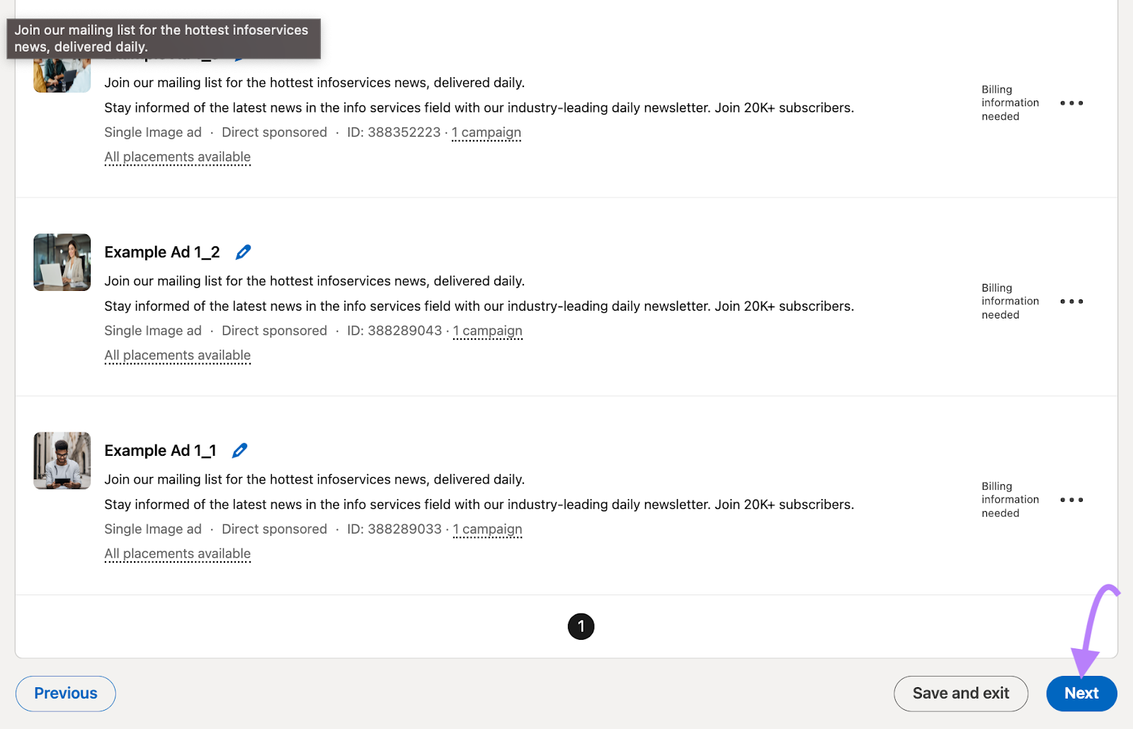 Three LinkedIn ad examples to review with next button highlighted