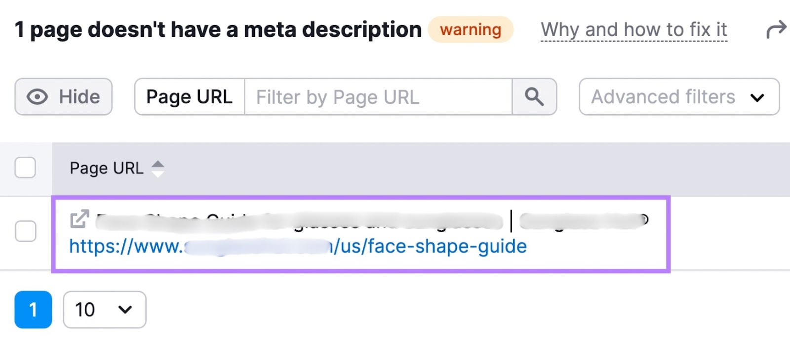 Missing meta description page listed as per Semrush Site Audit warning