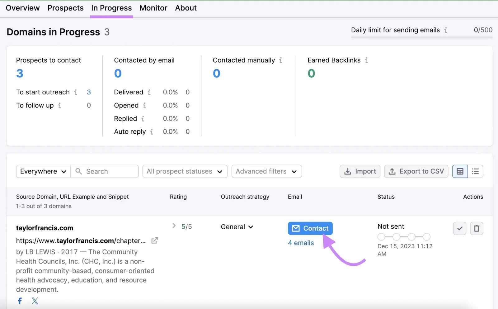 In Progress tab selected and highlighted with arrow pointing to Contact button