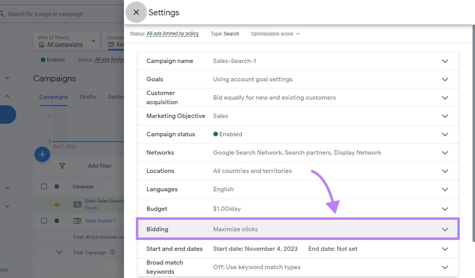 “Bidding" option highlighted under Campaign Settings