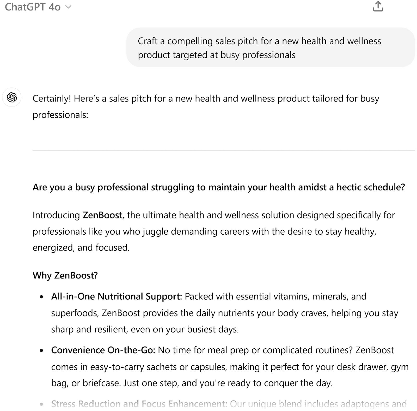 ChatGPT 4o response to a request for a health and wellness product sales pitch with contextual details