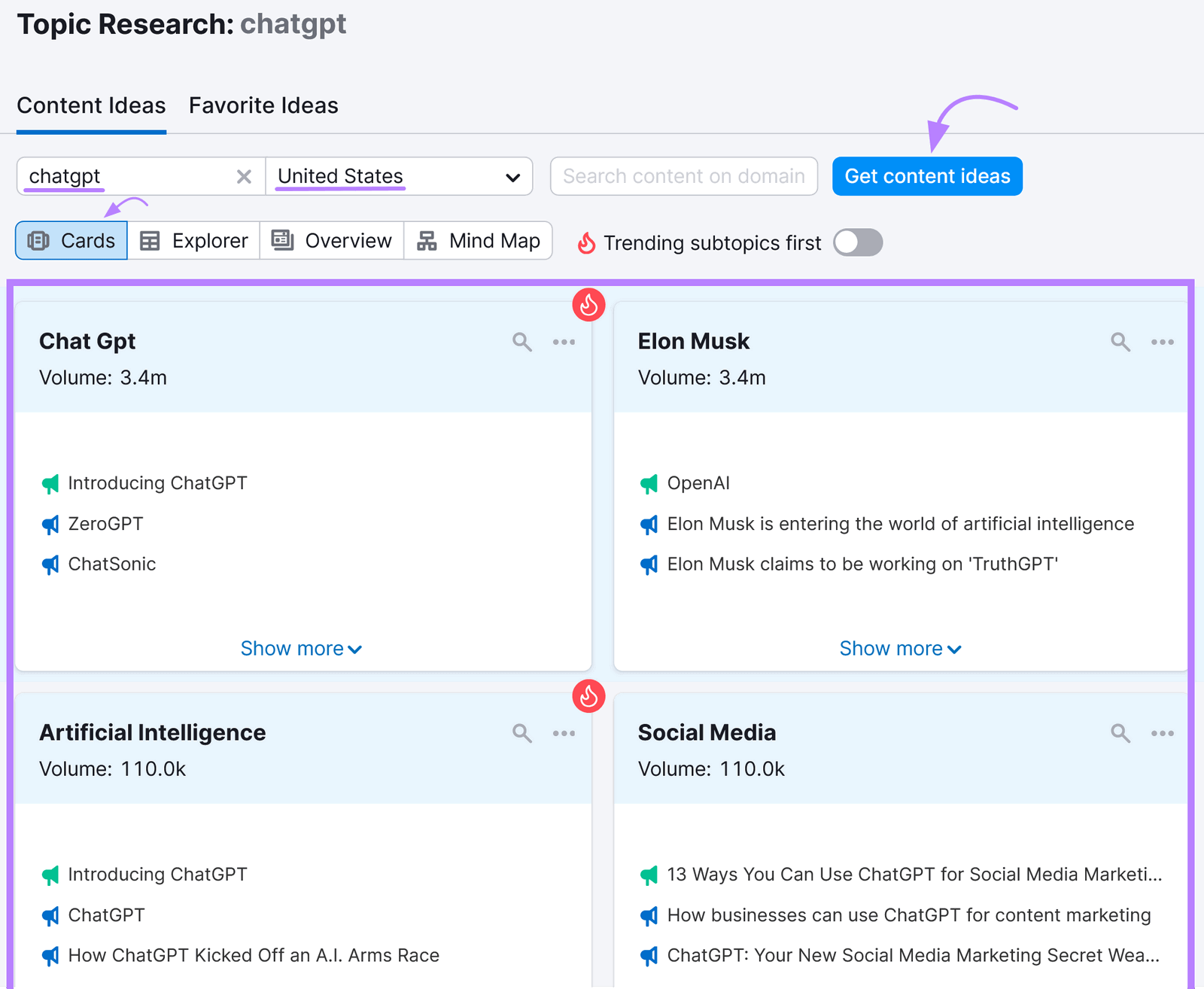 “Get content ideas” with Topic Research tool