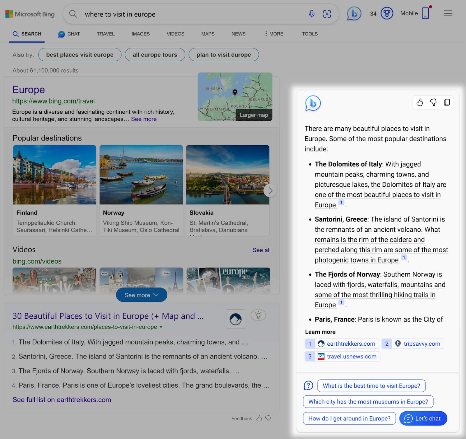 A chat window with an AI-generated answer highlighted on Bing's SERP