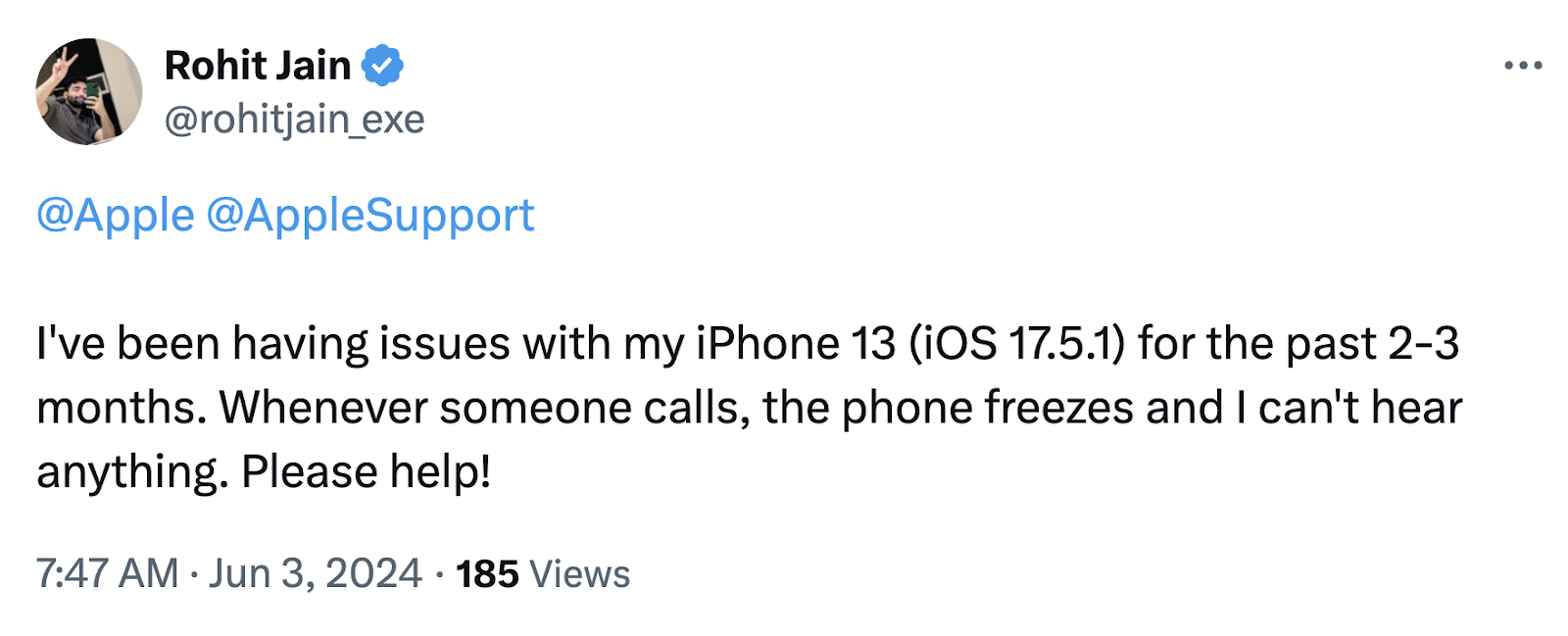 Tweet to Apple customer service asking for support to unfreeze an iPhone 13