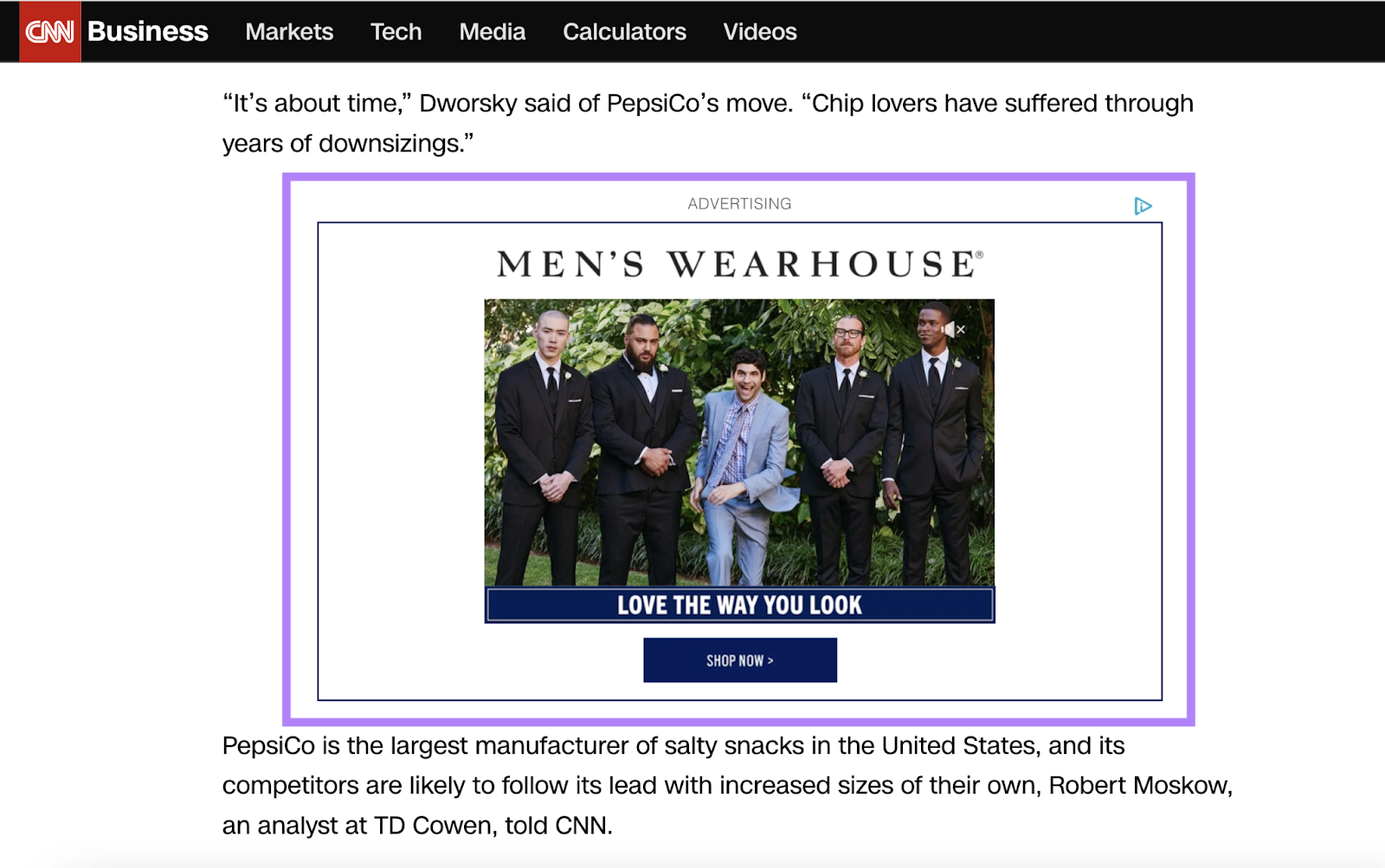 In the middle of a CNN article, there's an ad for Men's Wearhouse showing people wearing suits for a wedding. And it includes a CTA button and the image is marked "Advertising."