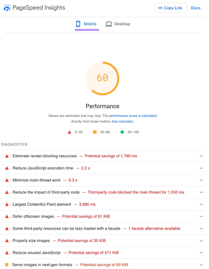 An analyzed mobile page's report in PageSpeed Insights.