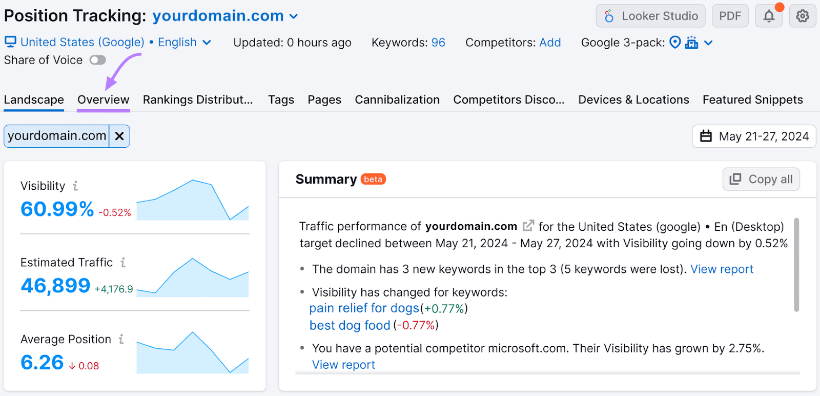 Position Tracking analytics for a domain, highlighting in purple the "Overview" tab.