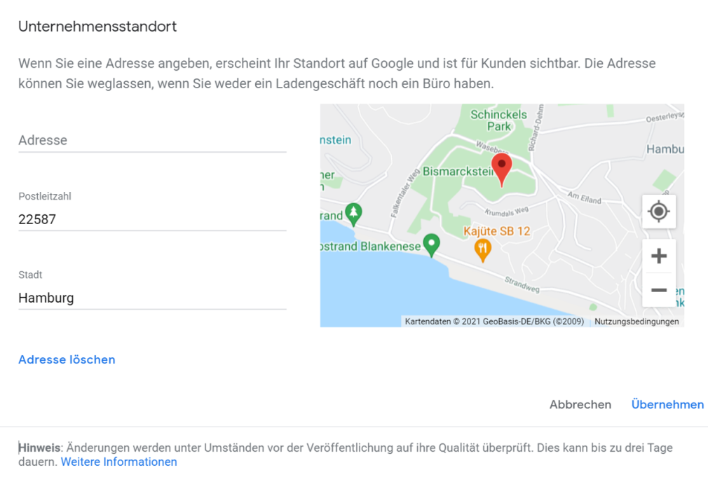 Klicke auf “Adresse löschen”, um deine Adresse von GMB zu entfernen