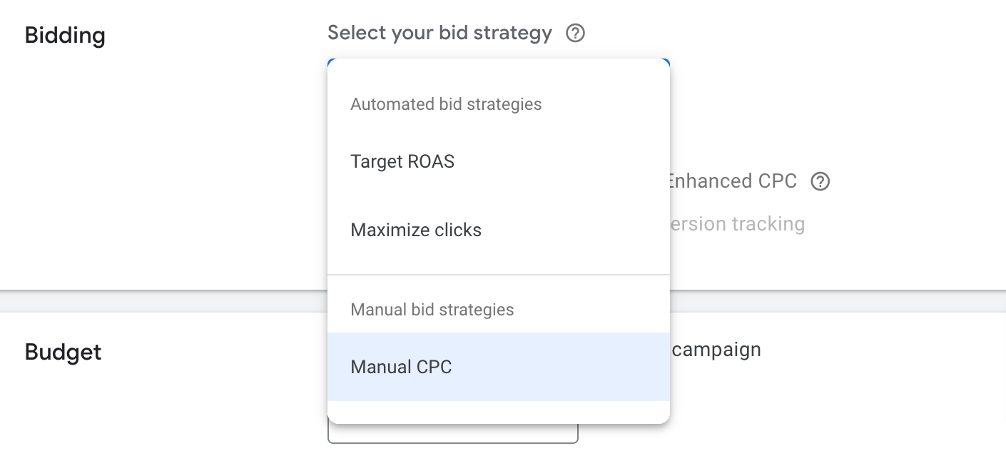 "Bidding" section in setting up Google Ads