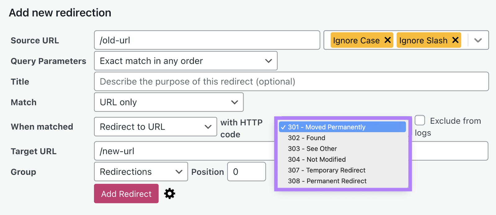 all 3xx redirect types offered in drop-down menu in Redirection plugin