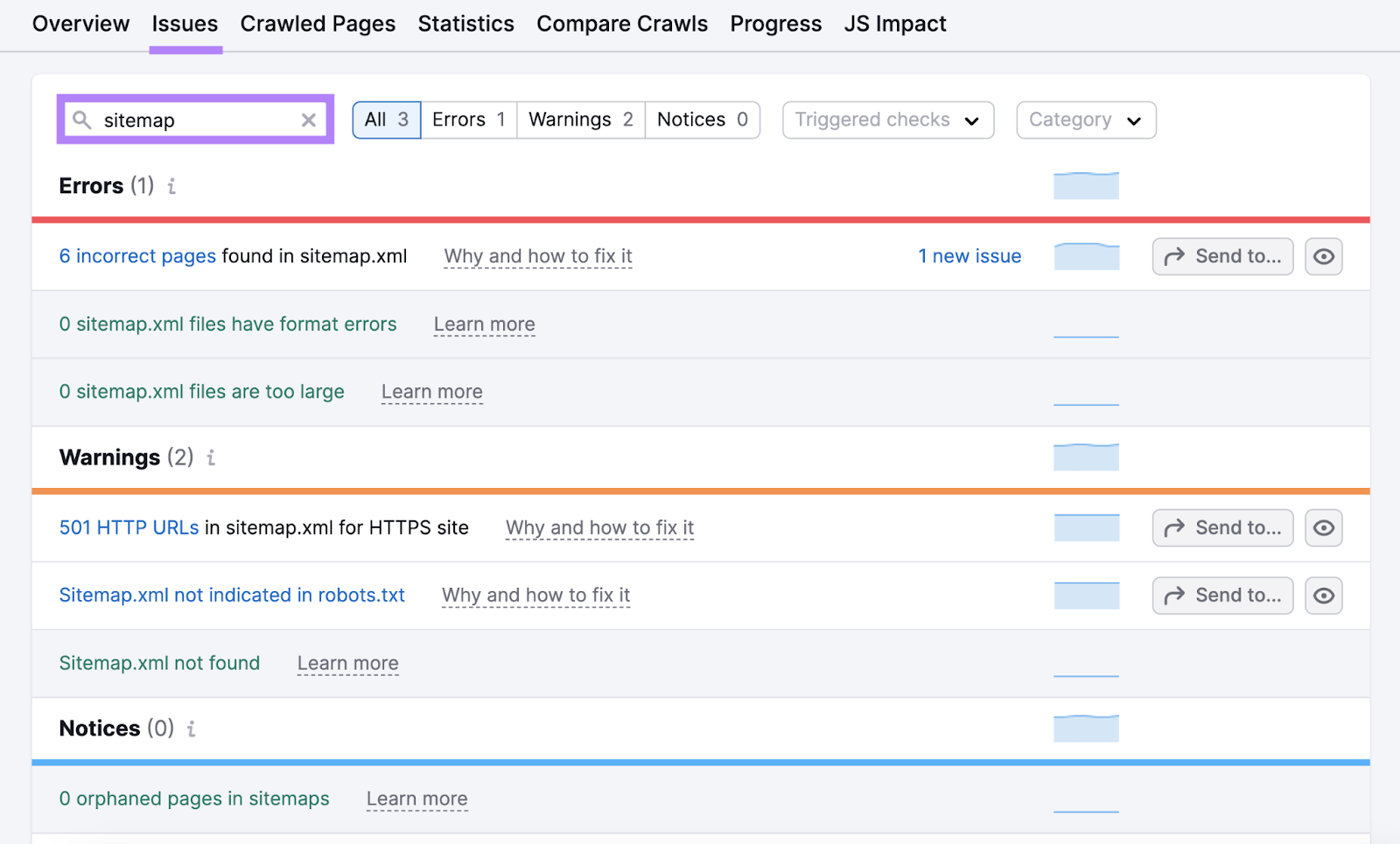 Results for "sitemap" in Site Audit "Issues" report